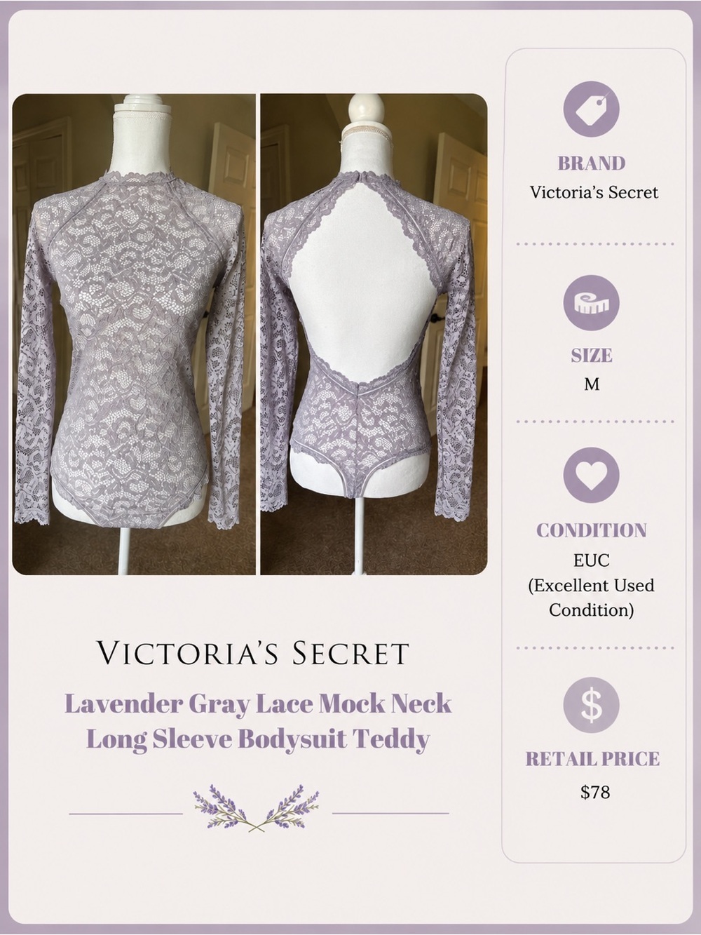 Victoria's Secret Lavender Gray Lace Mock Neck Long Sleeve Bodysuit Teddy M